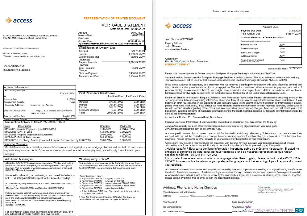 Download Zambia Access bank mortgage statement in Word and PDF formats, 3 pages 1 2 Photoshop template